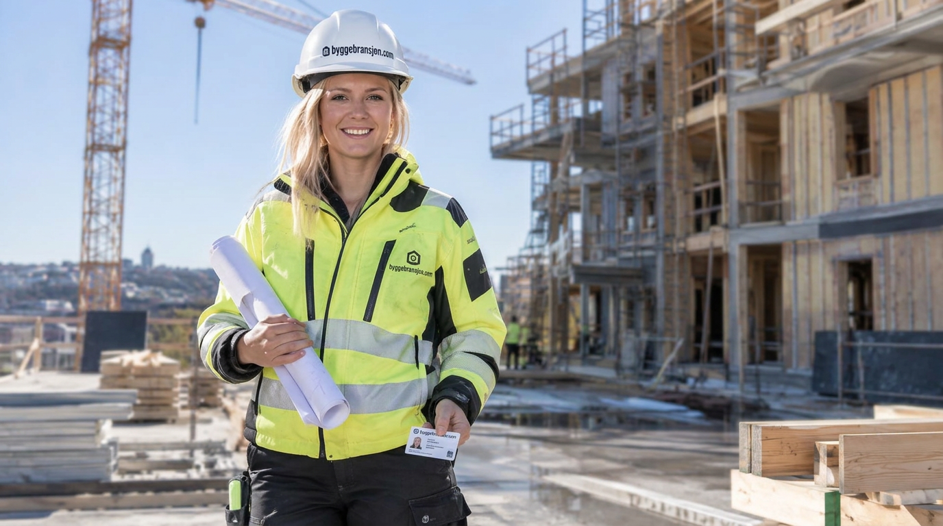 Smilende byggeleder med hjelm og tegninger på en norsk byggeplass