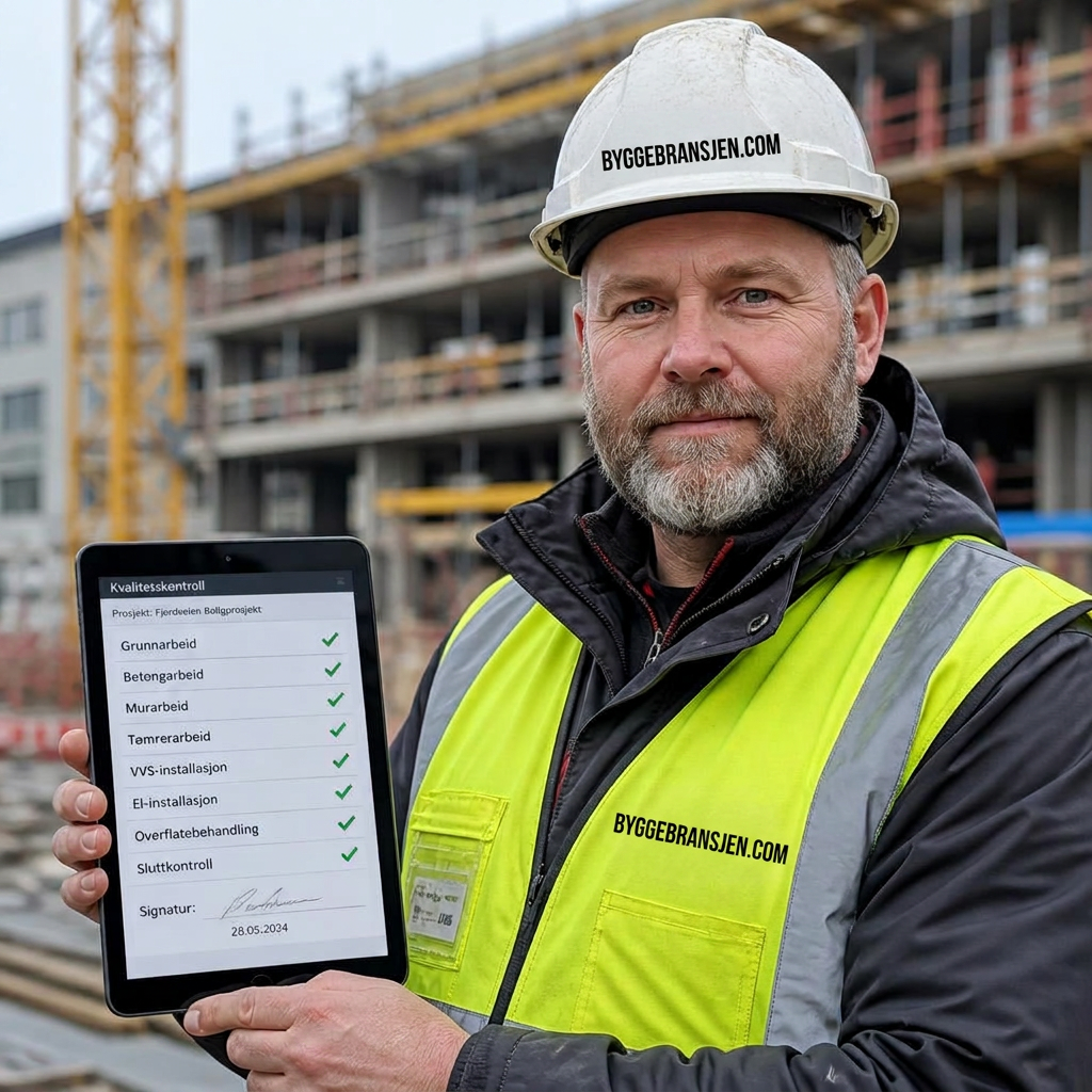 Byggeleder med nyttige digitale sjekklister for kvalitetskontroll på nettbrett
